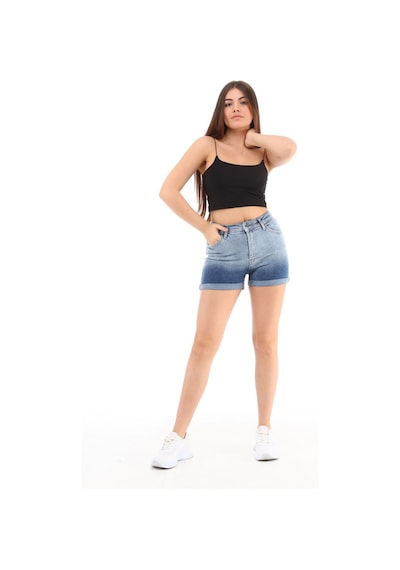 Cedy Denim Kadın Yüksek Bel Duble Paça Kot Şort Klasik Mini Jean Şort C604 Mavi