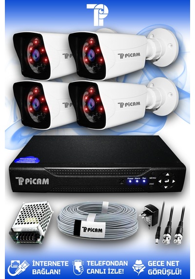 Picam 4 Kameralı Kare 4 Dış Kamera Set HDD'siz Full HD Gece Görüşlü Güvenlik Kamerası Sistemi