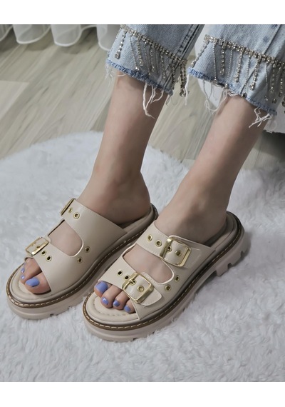 Asmi Shoes Kadın Çift Bant Kapsül Detaylı Kalın Taban Ortopedik Terlik Bej Bej