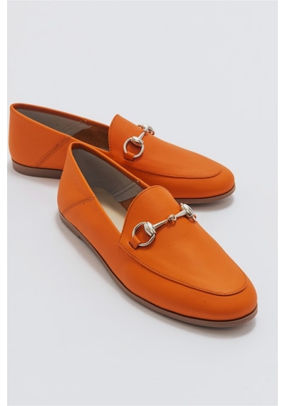 Luvishoes F03 Turuncu Cilt Hakiki Deri Kadın Babet Turuncu
