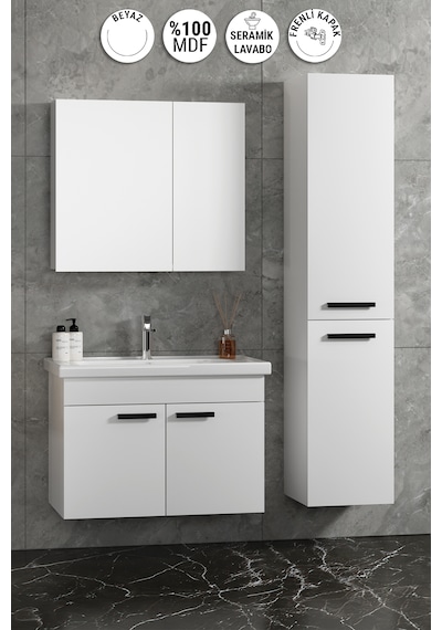 Çiğdem Kulplu 80 - 35 CM Beyaz Mdf Seramik Lavabolu Asma Banyo Dolabı Takımı