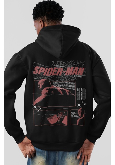 Sevbano Spider-man Film Kahramanı Örümcek Adam Sırt Baskılı Unisex Oversi Siyah