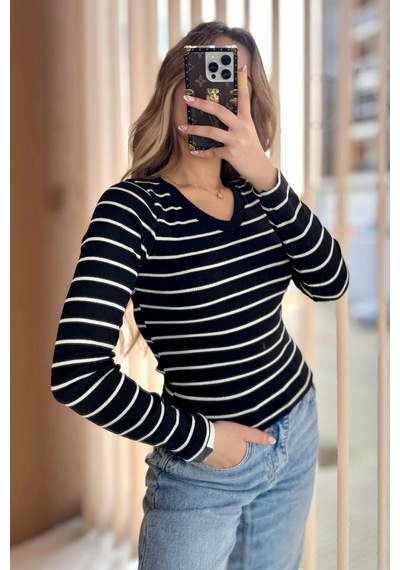 Bbbutikbasic V Yaka Waffle Bluz N5444 Siyah