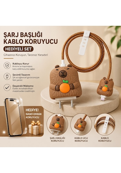 İphone 15 Plus Uyumlu Nano Ekran Koruyucu Hediyeli Şarj Başlığı & Kablo Koruyucu Koruma Seti Yeşil