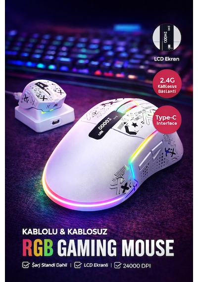 24000 Dpı Rgb Gaming Mouse Kablosuz + Bluetooth + Kablolu Lcd Ekranlı Şarj Standlı Profesyonel Oyuncu Mouse X-ks2n