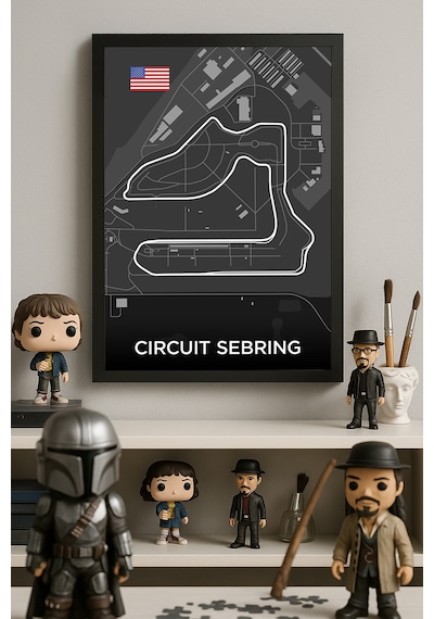 Circuit Sebring Pist Haritası Siyah Ahşap Çerçeveli Poster, Dekoratif Harita Duvar Tablosu
