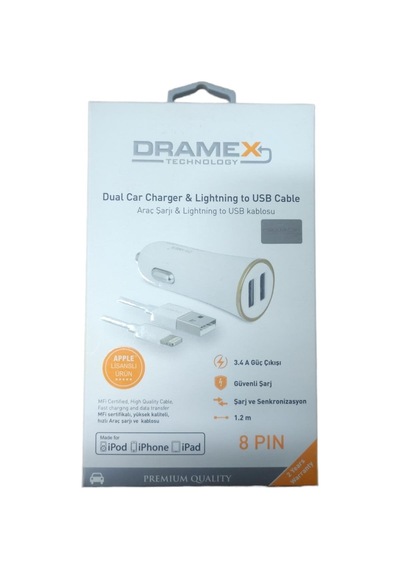Dramex  Lisanslı 3.4A İphone Çift Giriş Usb Araç Şarj Cihazı