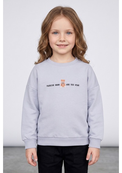 Fullamoda Ayıcık Baskılı Oversize Kız Çocuk Sweatshirt Gri