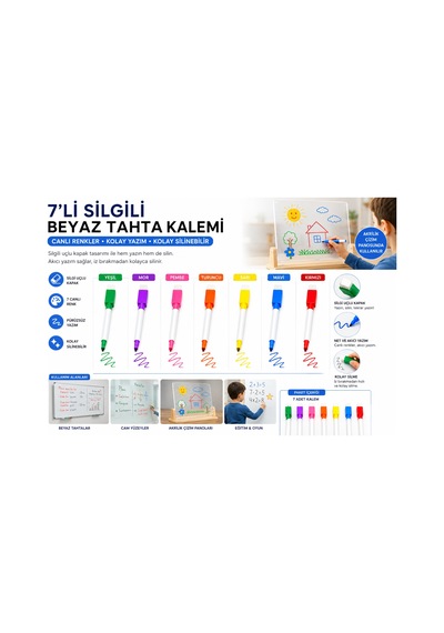 Bakgelal 7'li Silgili Beyaz Tahta Kalemi Akrilik Çizim Panosu Uyumlu Renkli Set Çok Renkli