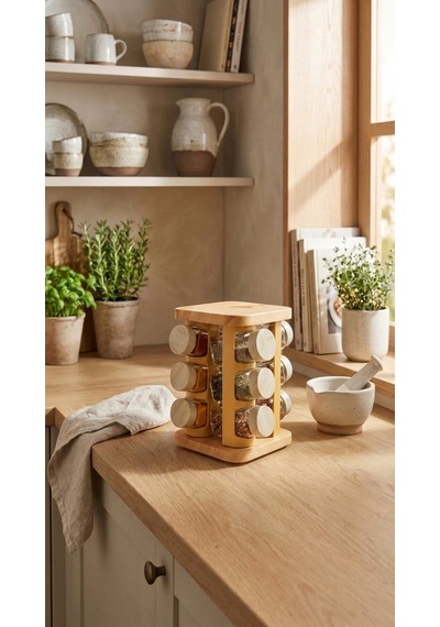 Leelahome 12'li Set Ahşap Desenli Döner Standlı Kare Baharatlık 140 Ml - Açık Kahve Açık Kahverengi