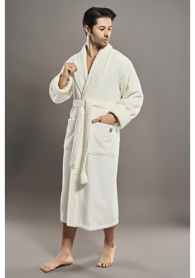 Yaka Fitilli %100 Organik Cotton Cotton Erkek Bornozu Krem