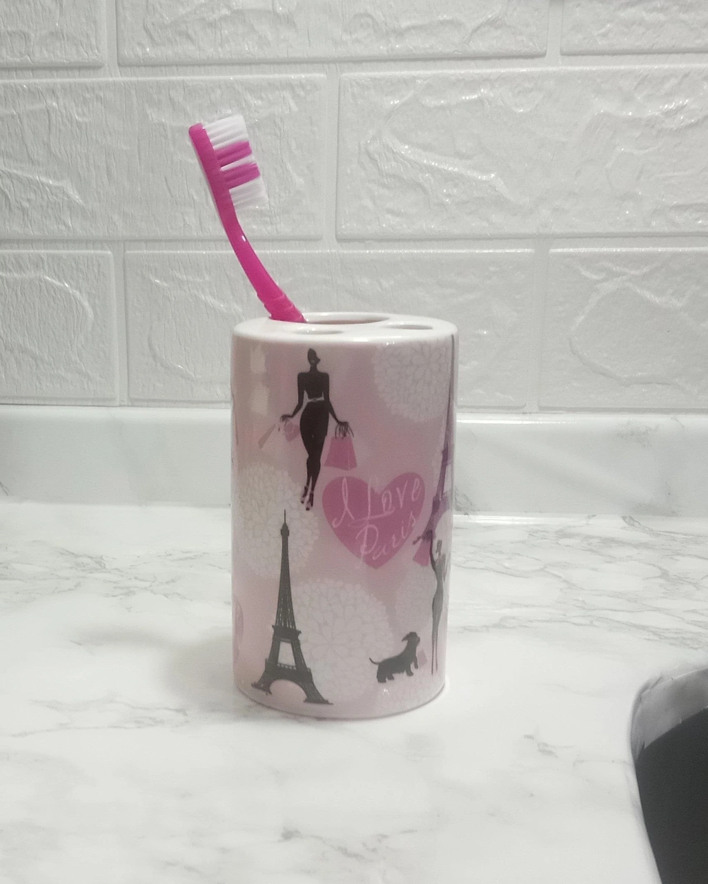 2 Adet Seramik Diş Fırçalık Kızlı Paris Desenli 7x7x11cm Banyo Seti Çok Renkli