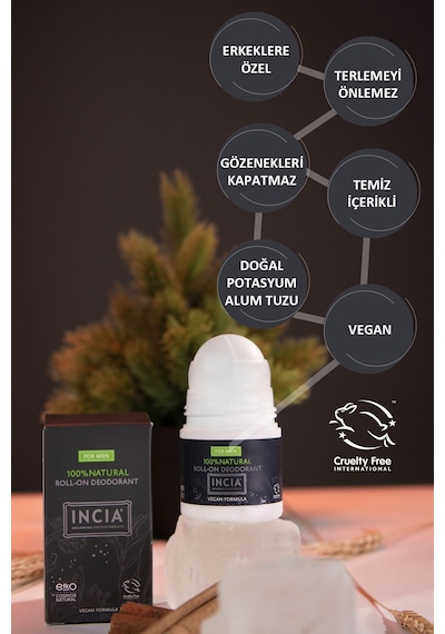 INCIA %100 Doğal Roll On Deodorant Erkekler İçin Ter Kokusu Önleyici Leke Yapmayan 50 ML