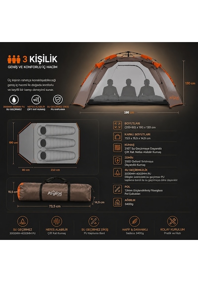 3 Kişilik Otomatik Kurulum Kamp Çadırı - Su Geçirmez - Çift Katlı - Argeus Iglo Çok Renkli