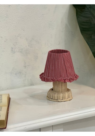 Kırmızı Pötikare Desen Kumaş Rattan Ayaklı Kablosuz Gece Masa Lambası