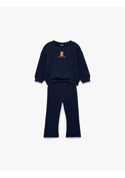 Koton Ayıcık Nakışlı Modal Karışımlı Slim Fit 2'li Sweatshirt Ve Pantolon Seti Lacivert 7wmg10248ak