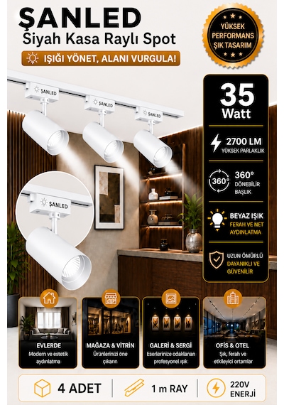 Led Beyaz Kasa Beyaz Işık 35w Raylı Spot / 4 Adet 1 Metre Ray