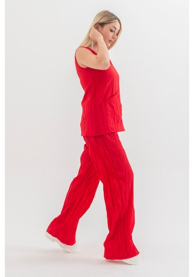 Bold & Young Kraşlı Cepli Beli Lastikli Viskon Polyester Dokuma Pantolon Kırmızı