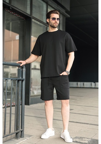 Madmext Siyah Bisiklet Yaka Oversize Erkek Şort T-shirt Takım E7355 Siyah