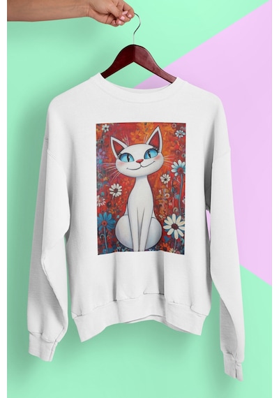 Magors Stıl-x Sevimli Kediler Baskılı Unısex Bisiklet Yaka Oversize Sweatshırt Beyaz-6