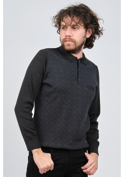 Çizgi Triko Erkek Cep Detaylı Polo Yaka Desenli Kazak 42544230 M. Lacivert