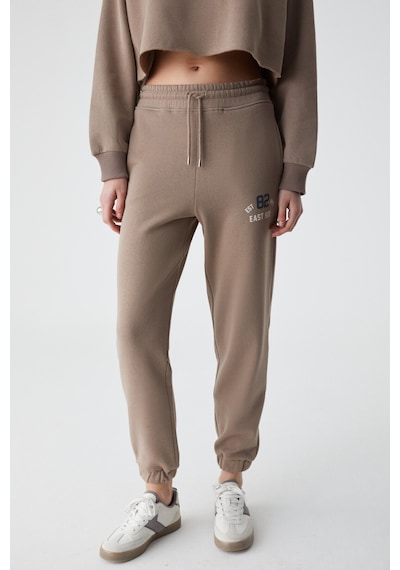 Grimelange GLORYY Kadın Comfort Fit Baskı Detaylı Lastikli Paça Organik Pamuklu Açık Kahverengi Alt-Üst Takım