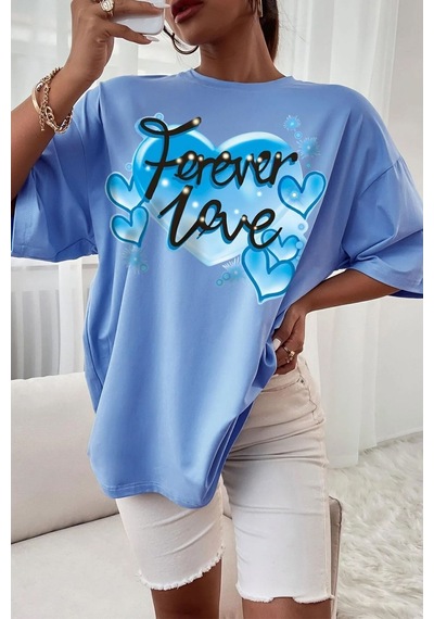 Uyguntarz Unisex Forever Love Baskılı Oversize Tshirt Bebe Mavisi