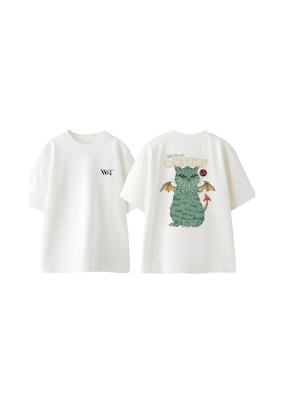 Thewert The Call Of Cathulhu Tasarım Sırt Baskılı Pamuk Beyaz Oversize T-shirt
