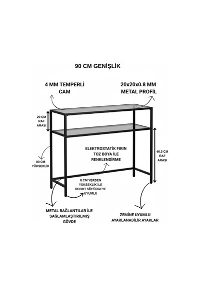 Modern 2 Katlı Siyah Renk Metal Iskeletli Cam Raflı Dresuar Konsol Modern 2 Katlı Siyah Renk Metal Iskeletli Cam Raflı Dresuar Konsol