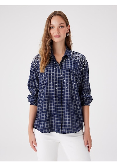 Faik Sönmez Taş Süslemeli Kareli Rayon Pamuk Gömlek W27gml023 Uw27gml02320 Lacivert