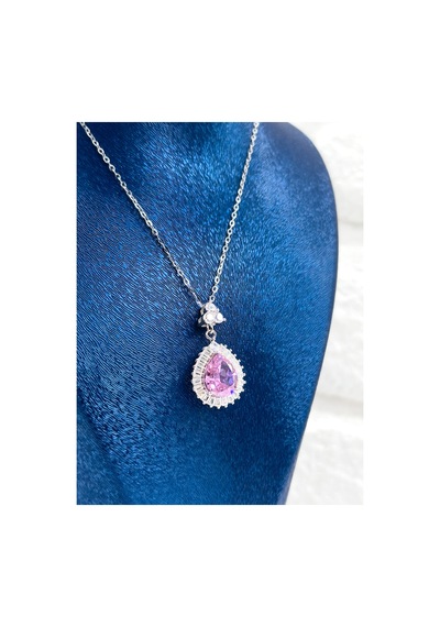925 Ayar Gümüş Pırlanta Montür Pembe Kuvars Taşlı Kadın Kolye Gümüş Gümüş