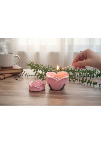 Kapaklı Pembe Gül Şeklinde Dekoratif Hediye Gül Mumluk