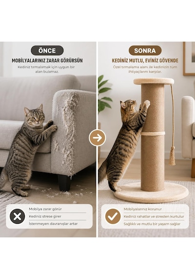 Tr Dev Büyük Boy Kedi Tırmalama Borusu, 20 Cm Çaplı 90 Cm Yüksek Gerginlik Azaltıcı Tırmalama Yüzeyli Üstten