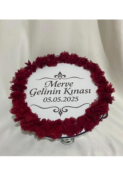 Gelin Tefi 30cm,özel Tasarımtef Lazer Güllü, İsim Ve Tarih Yazılı Düğün Kına Tefi Bordo