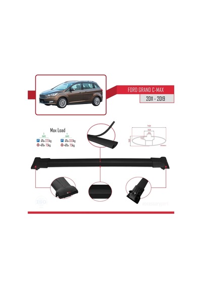Ford Grand C-max 2011-2019 Arası İle Uyumlu Fly Model Ara Atkı Tavan Barı Siyah 3 Adet Bar