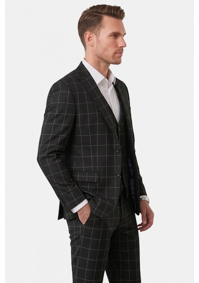 Rizzup Erkek Siyah Slim Fit 3 Lü Takım Elbise Yelekli Ekose Desenli Çift Düğme Takım Elbise 2600501