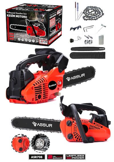 Assur ASR708 25CC Mini Benzinli Testere Ağaç Odun Dal Budama Kesme Testeresi Hızar Motoru Kırmızı
