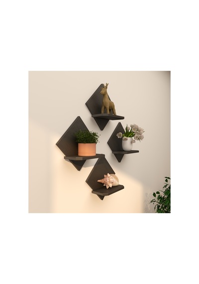 4'lü Raf Çiçeklik Seti 34x34 Cm Duvar Rafı Beyaz Ceviz Doğal Ahşap Siyah