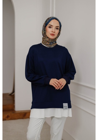 Moonsc Kadın Regular Fit %100 Pamuk Eteği Piliseli Bisiklet Yaka Tesettür Lacivert Tunik