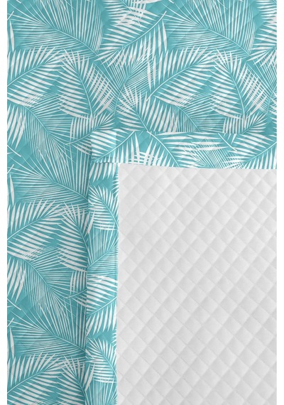 Turkuaz Tropikal Yapraklı Pike Takımı - Beyaz Modern Palmiye Tek Kişilik Yatak Örtüsü 160x220 Cm Bulanık Pencere Aurası