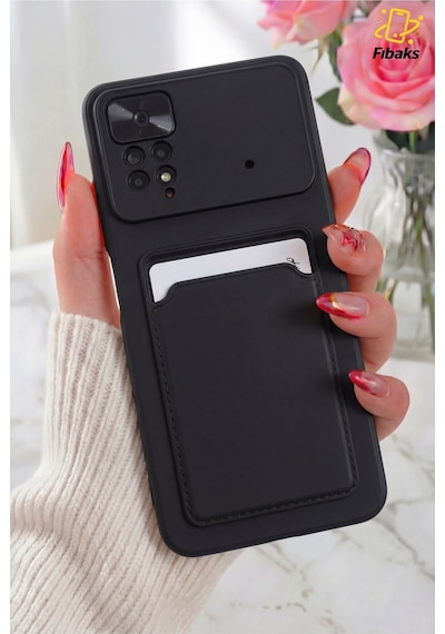 Fibaks Redmi Note 11 Pro/12 Pro 4G Uyumlu Kılıf Kamera Korumalı Arkası Kartlıklı Cüzdanlı Kırmızı Tuşlu Siyah Silikon Kap
