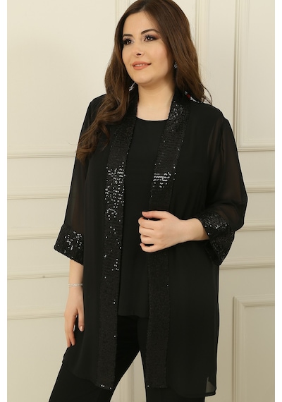 By Saygı Şal Yaka Pulpayet Detaylı Şifon Ceket İçi Kolsuz Bluz Büyük Beden 2'li Takım Siyah By Saygı Şal Yaka Pulpayet Detaylı Şifon Ceket İçi Kolsuz Bluz Büyük Beden 2'li Takım Siyah