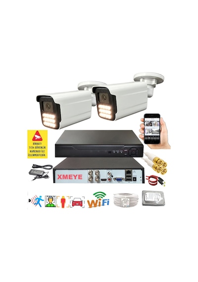 2 Li Hareket Algılayan 5 Mp Lens 12 Warm Led Gece Renkli Gösteren Güvenlik Kamerası Seti Bs 5915w