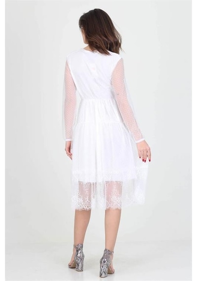 Dip Moda Kadın Kruvaze Yaka Eteği Güpürlü Elbise Dpnb0010 Beyaz