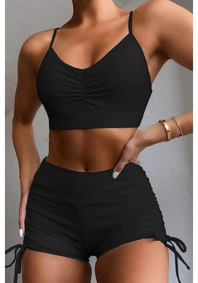 Angelsin Yanlardan Ayarlı Büzgülü Deniz Şortlu Tankini Bikini Takım 001