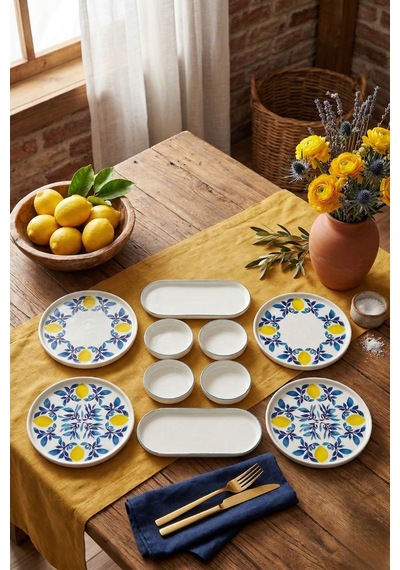Limon 10 Parça 4 Kişilik Handmade Stackable Seramik Tabak Seti Premium Sunum & Kahvaltı Takımı Beyaz