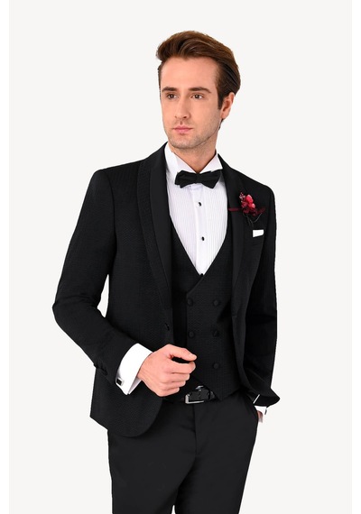 Erkek Siyah Slim Fit Şal Yaka Yelekli Damatlık