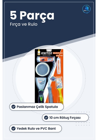 Boyacı Seti 5 Parça Fırça Ve Rulo Paslanmaz Çelik Spatula Pvc Ban