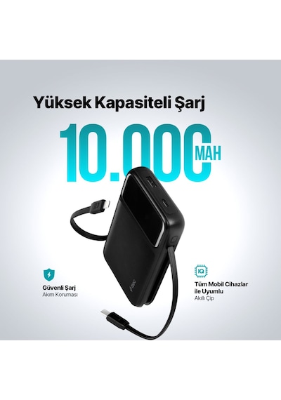 Ttec 2bb215s Recharger Pro Lcd 10.000 Mah Pd 22,5w Lightning Ve Usb-c Dahili Kablolu Taşınabilir Hızlı Şarj Aleti Siyah