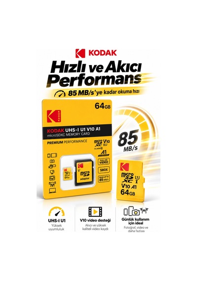 64gb Microsdxc Hafıza Kartı Uhs-ı U1 V10 A1 85 Mb/s Full Hd Sd Adaptörlü